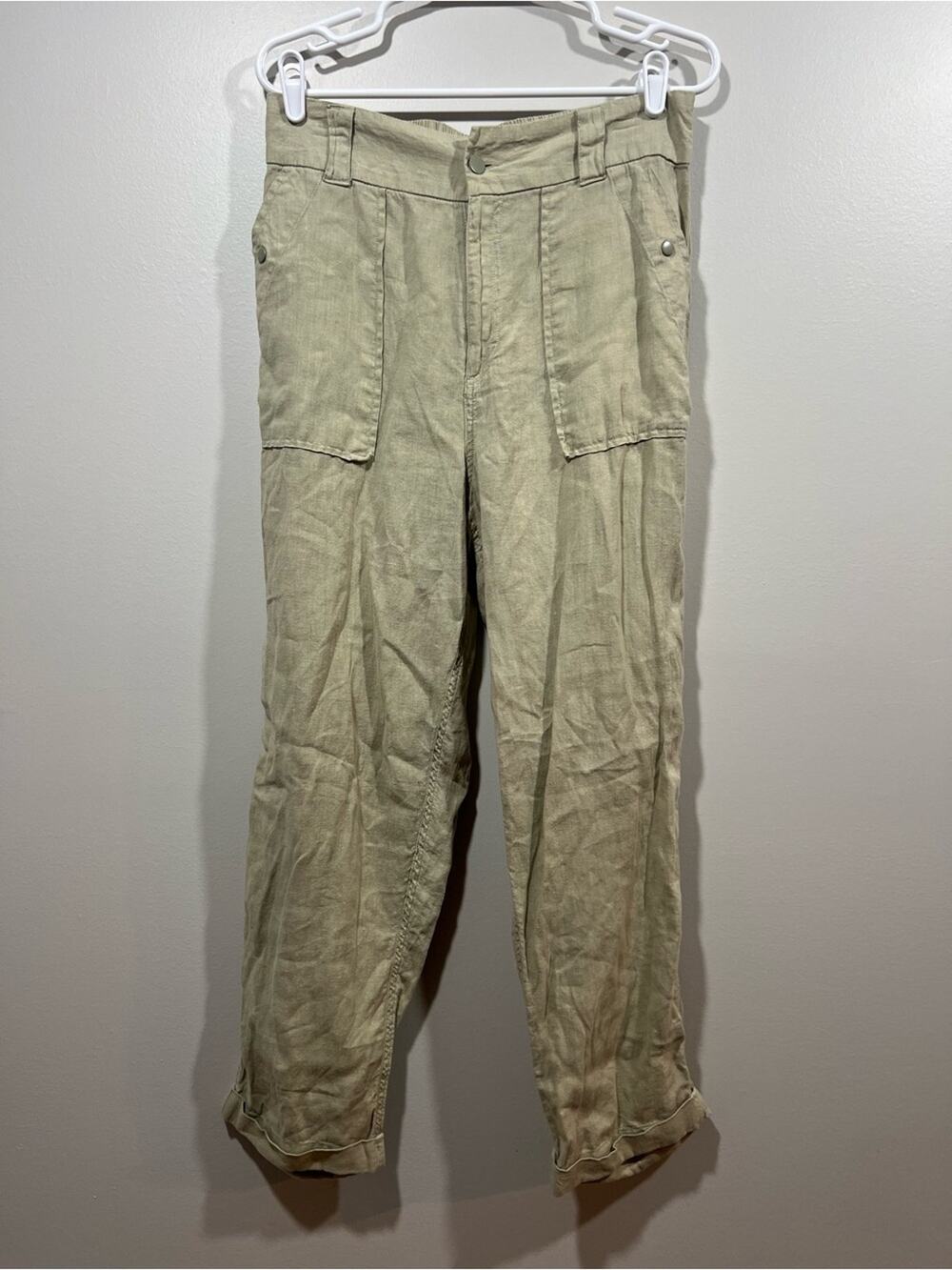 Tahari 100% Linen Lightweight Cargo-Style Chinos in Tan Large
